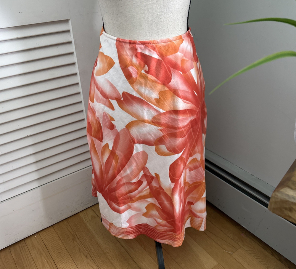 DKNY Jeans Skirt 10 Pink Orange Tropical Floral Midi Retro 90s Spring Brunch